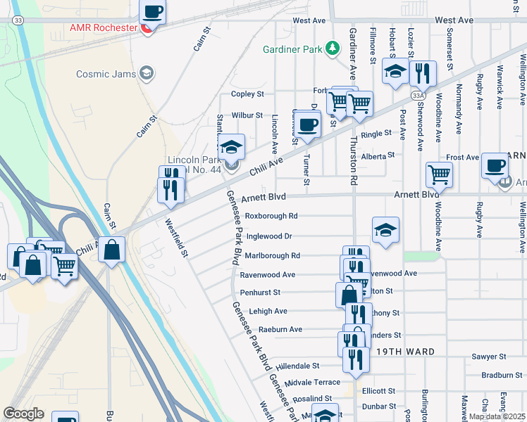 map of restaurants, bars, coffee shops, grocery stores, and more near 192 Roxborough Rd in Rochester