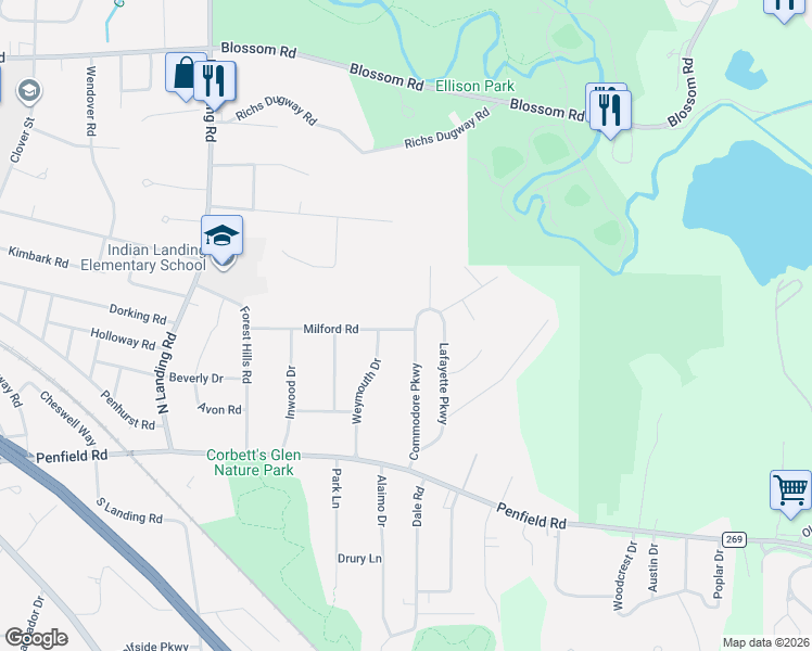 map of restaurants, bars, coffee shops, grocery stores, and more near 183 Commodore Parkway in Rochester