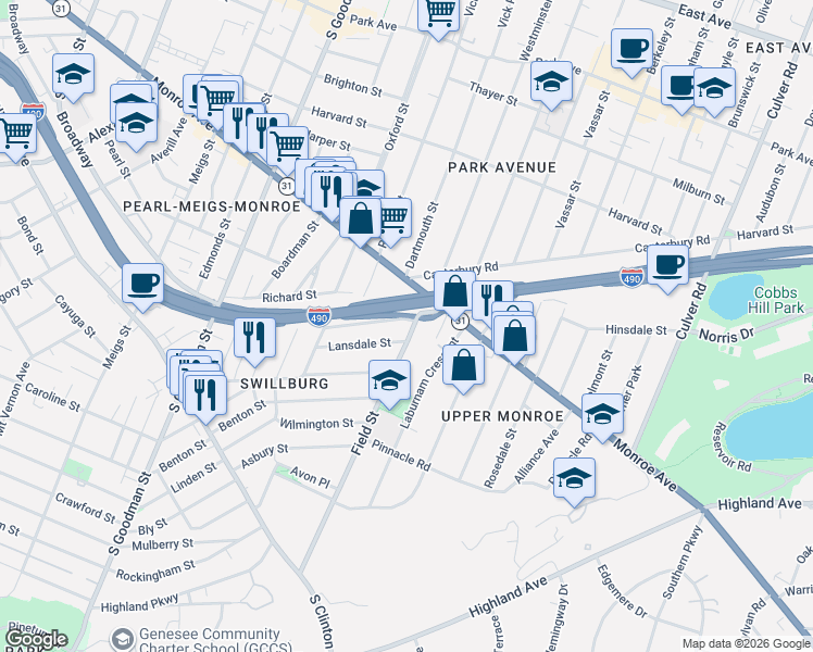 map of restaurants, bars, coffee shops, grocery stores, and more near 101 Pembroke Street in Rochester