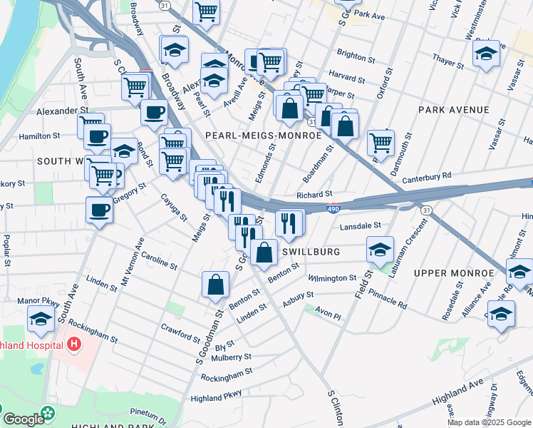 map of restaurants, bars, coffee shops, grocery stores, and more near 630 South Goodman Street in Rochester