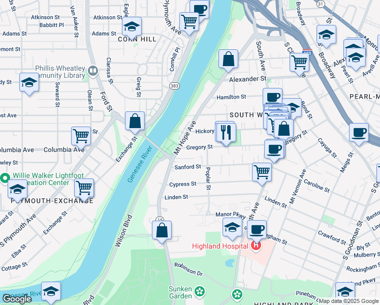map of restaurants, bars, coffee shops, grocery stores, and more near 43 Gregory Street in Rochester