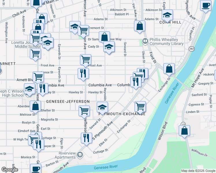 map of restaurants, bars, coffee shops, grocery stores, and more near 165 Columbia Avenue in Rochester