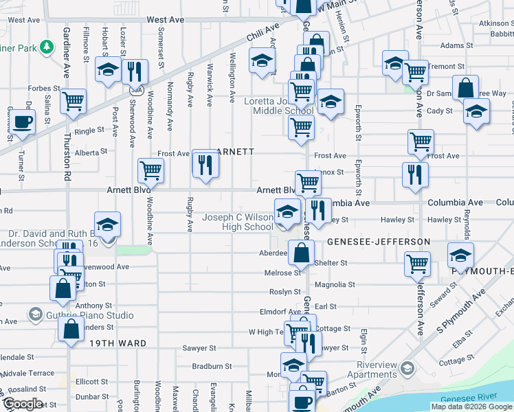 map of restaurants, bars, coffee shops, grocery stores, and more near 82 Aldine Street in Rochester