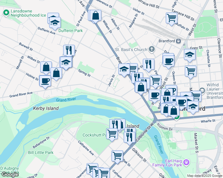 map of restaurants, bars, coffee shops, grocery stores, and more near 1 Spring Lane in Brantford