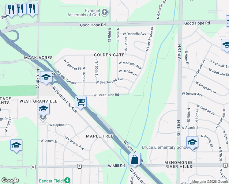 map of restaurants, bars, coffee shops, grocery stores, and more near 9828 West Green Tree Road in Milwaukee