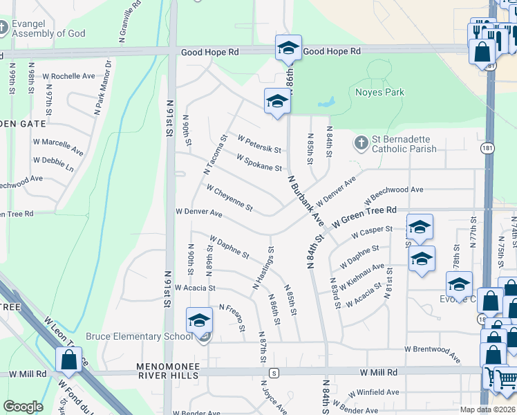 map of restaurants, bars, coffee shops, grocery stores, and more near 8668 West Cheyenne Street in Milwaukee