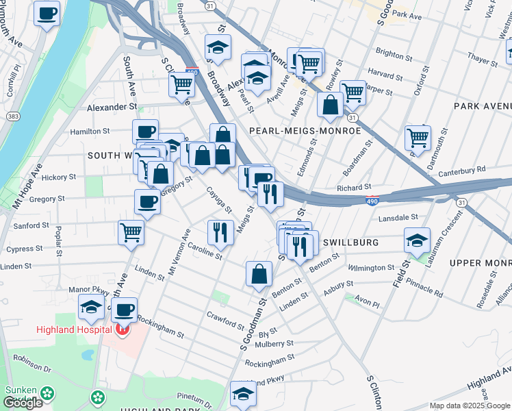 map of restaurants, bars, coffee shops, grocery stores, and more near 658 Meigs Street in Rochester