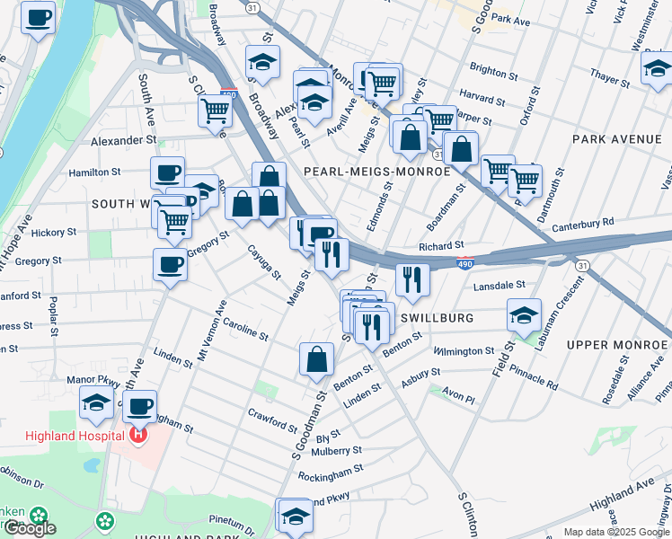 map of restaurants, bars, coffee shops, grocery stores, and more near 854 South Clinton Avenue in Rochester