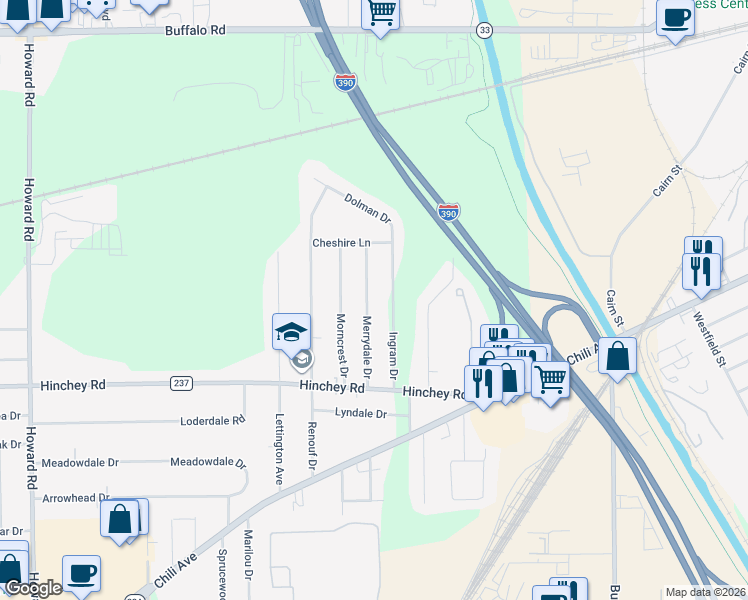 map of restaurants, bars, coffee shops, grocery stores, and more near 16 Merrydale Drive in Rochester