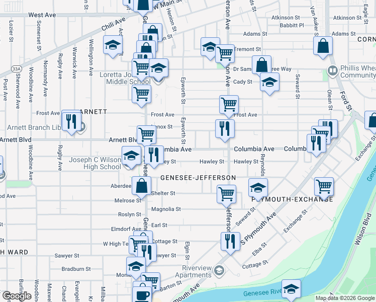 map of restaurants, bars, coffee shops, grocery stores, and more near 433 Columbia Avenue in Rochester