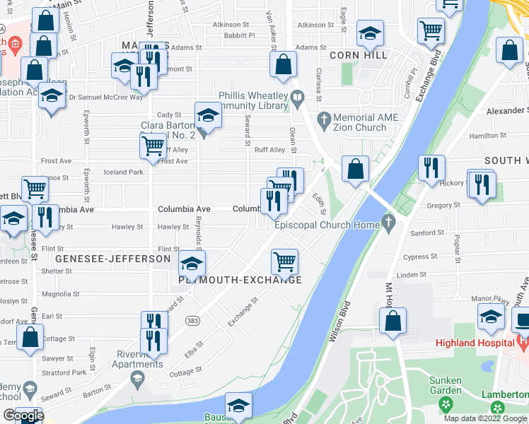 map of restaurants, bars, coffee shops, grocery stores, and more near 61 Columbia Avenue in Rochester