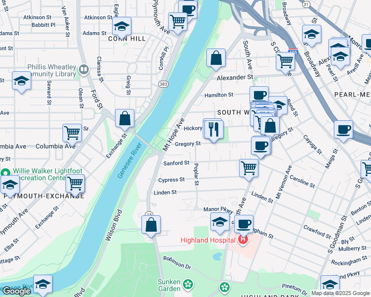 map of restaurants, bars, coffee shops, grocery stores, and more near 45 Gregory Street in Rochester