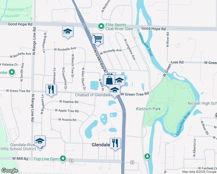 map of restaurants, bars, coffee shops, grocery stores, and more near 6817 North Green Bay Avenue in Milwaukee
