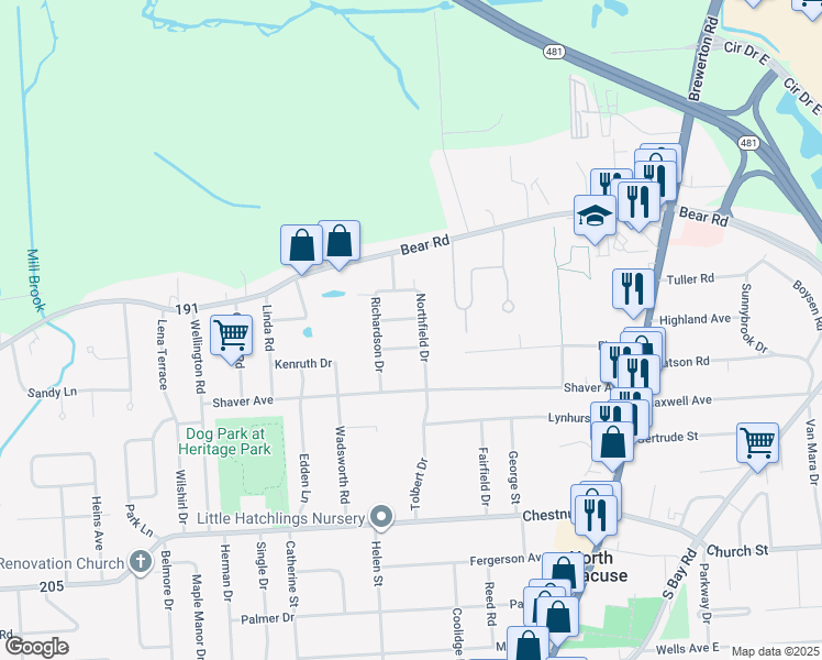 map of restaurants, bars, coffee shops, grocery stores, and more near 107 Tallmadge Rd in Syracuse