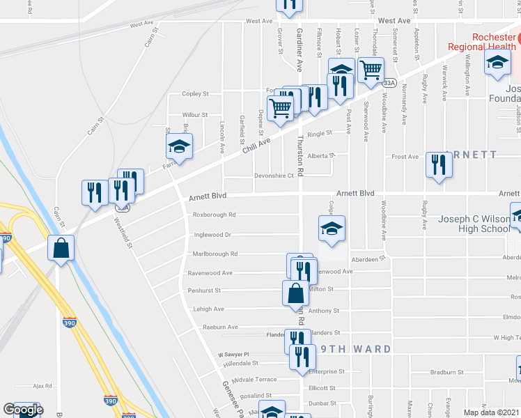 map of restaurants, bars, coffee shops, grocery stores, and more near 84 Roxborough Rd in Rochester