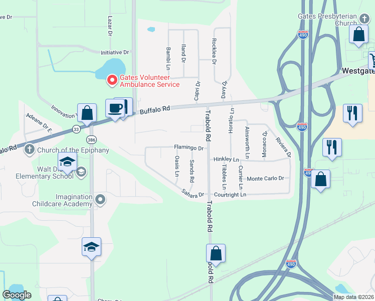 map of restaurants, bars, coffee shops, grocery stores, and more near 9 Flamingo Drive in Rochester