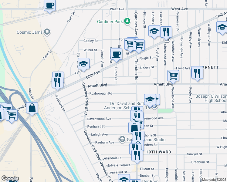 map of restaurants, bars, coffee shops, grocery stores, and more near 84 Roxborough Road in Rochester