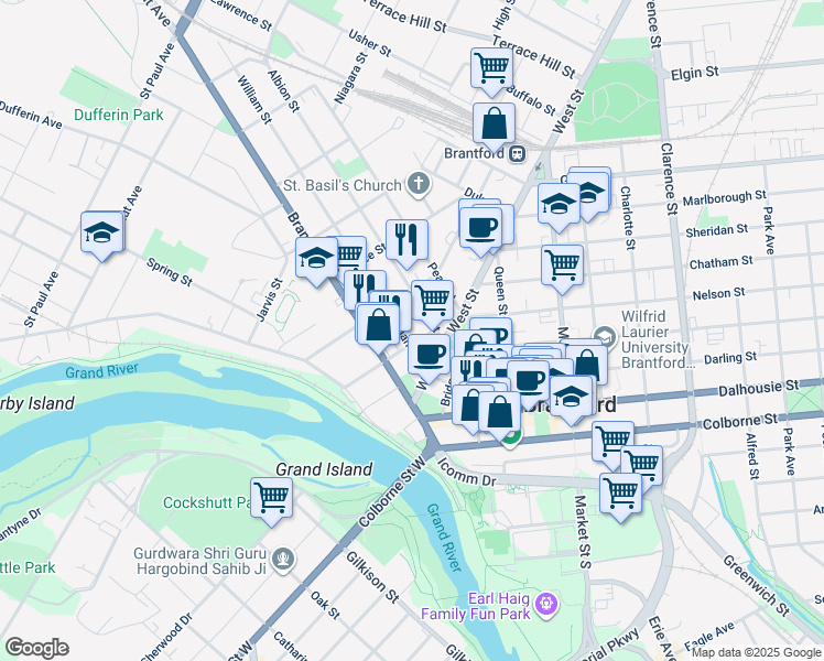 map of restaurants, bars, coffee shops, grocery stores, and more near 8 Albion Street in Brantford