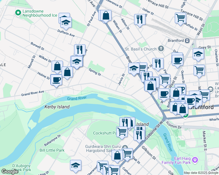 map of restaurants, bars, coffee shops, grocery stores, and more near 63 Grand River Avenue in Brantford