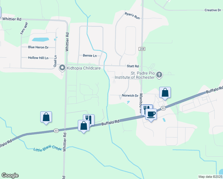 map of restaurants, bars, coffee shops, grocery stores, and more near 158 Norwich Drive in Rochester