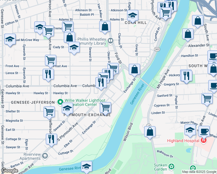 map of restaurants, bars, coffee shops, grocery stores, and more near Plymouth Avenue South & Columbia Avenue in Rochester