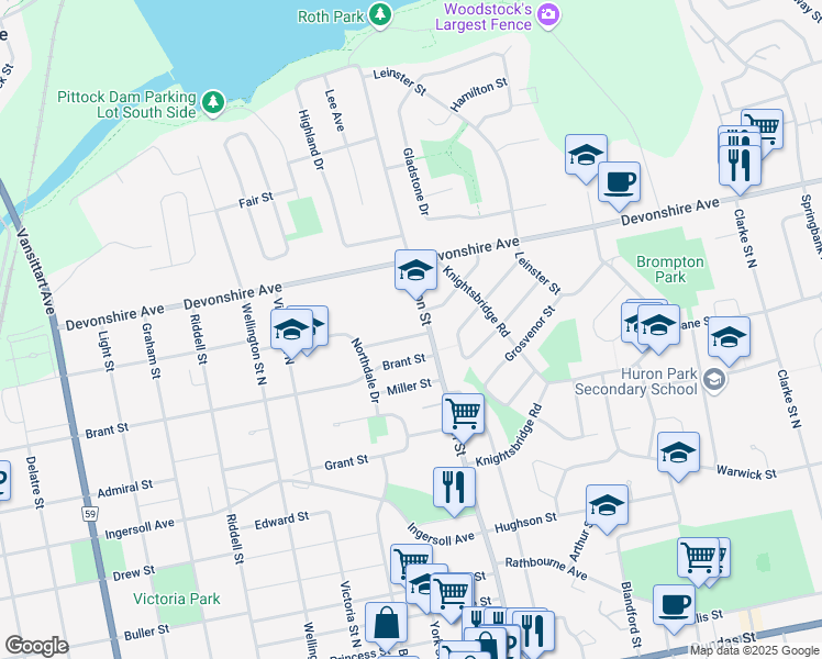 map of restaurants, bars, coffee shops, grocery stores, and more near 687 Shenstone Avenue in Woodstock