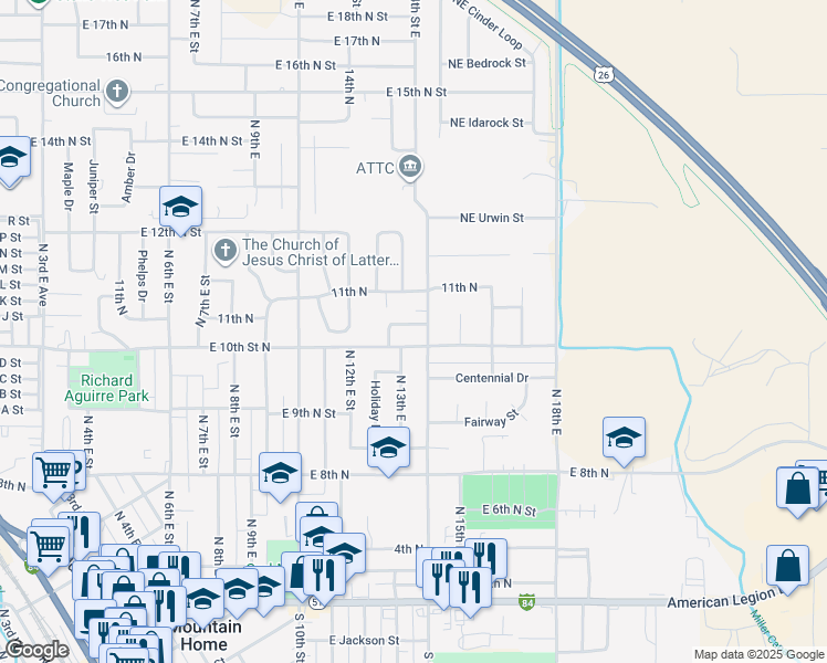 map of restaurants, bars, coffee shops, grocery stores, and more near 1371 Northeast Brenda Drive in Mountain Home