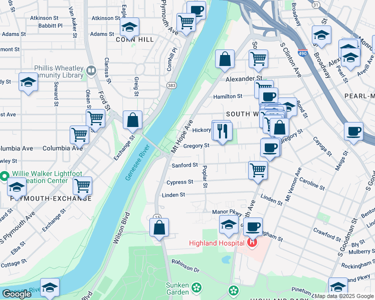 map of restaurants, bars, coffee shops, grocery stores, and more near 43 Gregory Street in Rochester