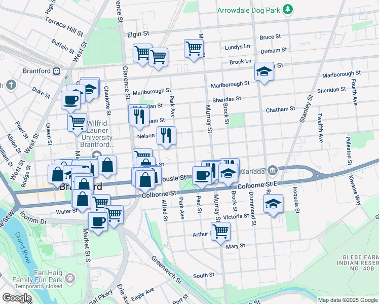 map of restaurants, bars, coffee shops, grocery stores, and more near 220 Darling Street in Brantford
