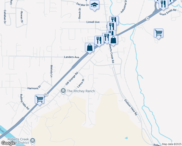 map of restaurants, bars, coffee shops, grocery stores, and more near 163 Highland Vista Lane in Roseburg