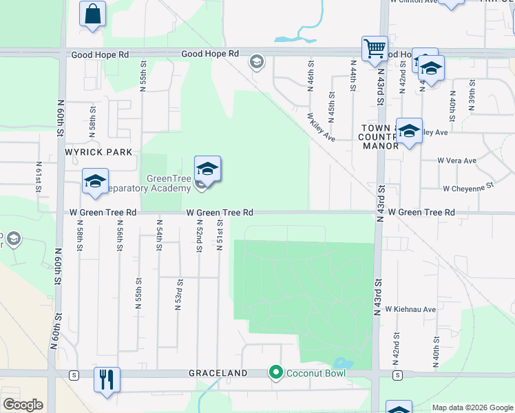 map of restaurants, bars, coffee shops, grocery stores, and more near 4918 West Green Tree Road in Milwaukee