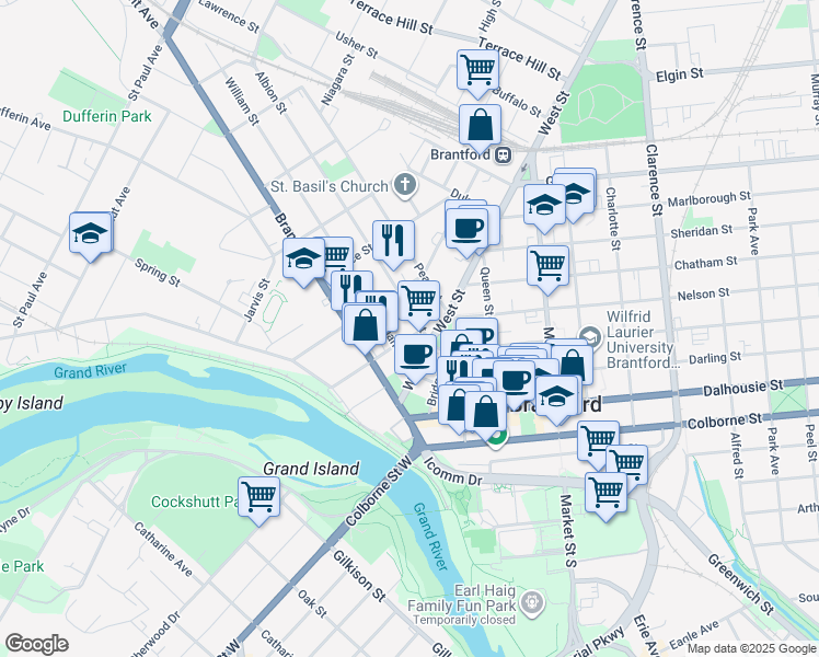 map of restaurants, bars, coffee shops, grocery stores, and more near 7 Church Street in Brantford