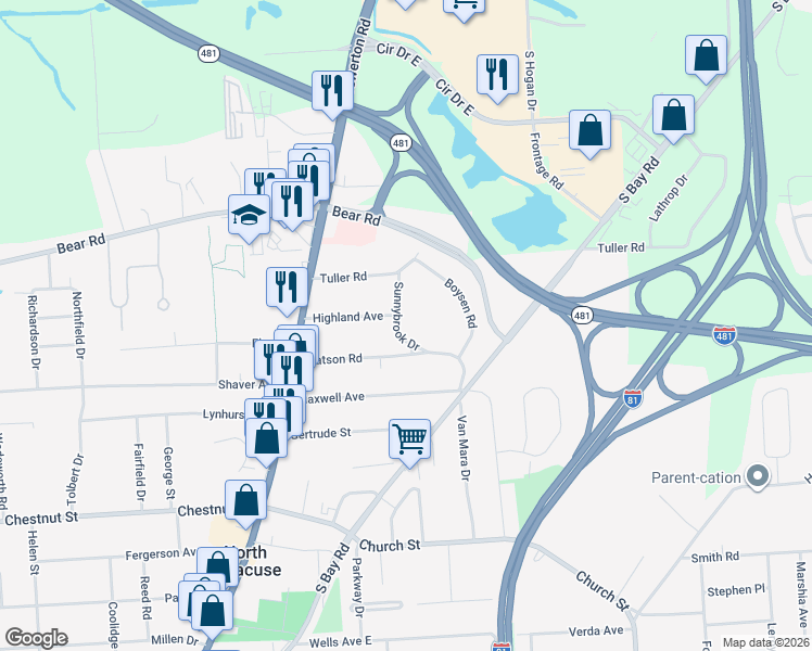 map of restaurants, bars, coffee shops, grocery stores, and more near 108 Sunnybrook Drive in North Syracuse