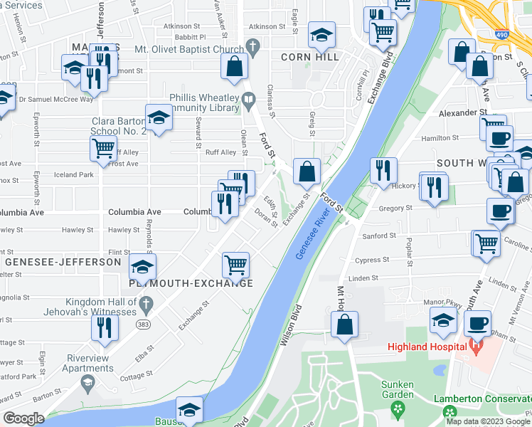 map of restaurants, bars, coffee shops, grocery stores, and more near 36 Doran Street in Rochester