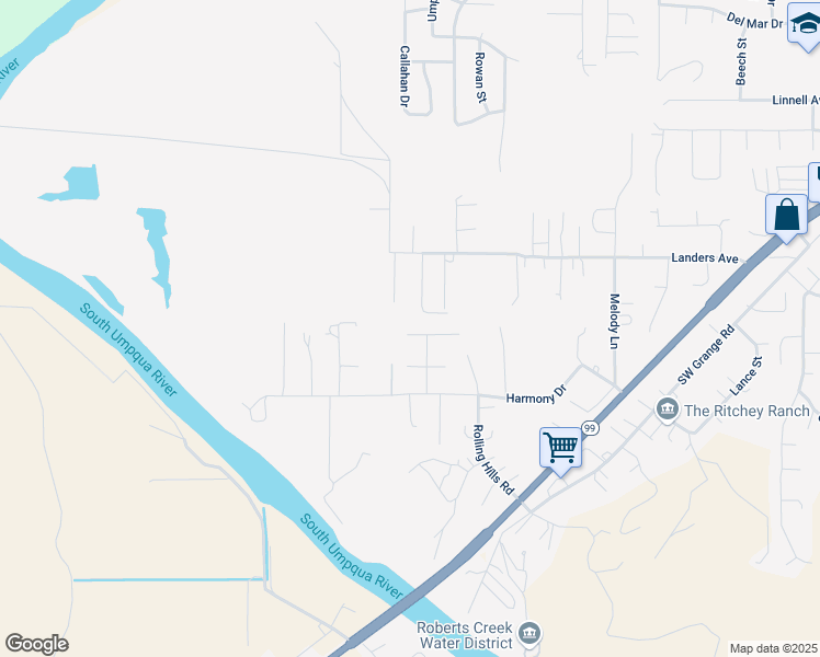 map of restaurants, bars, coffee shops, grocery stores, and more near 116 Brentridge Drive in Roseburg