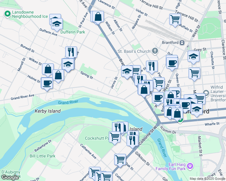 map of restaurants, bars, coffee shops, grocery stores, and more near 1 Spring Lane in Brantford