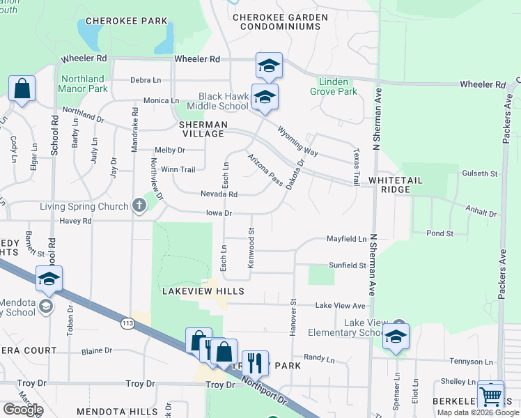 map of restaurants, bars, coffee shops, grocery stores, and more near 1506 Iowa Drive in Madison