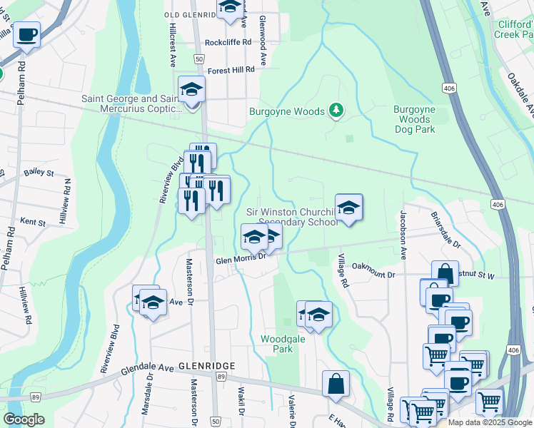 map of restaurants, bars, coffee shops, grocery stores, and more near 15 Towering Heights Boulevard in St. Catharines