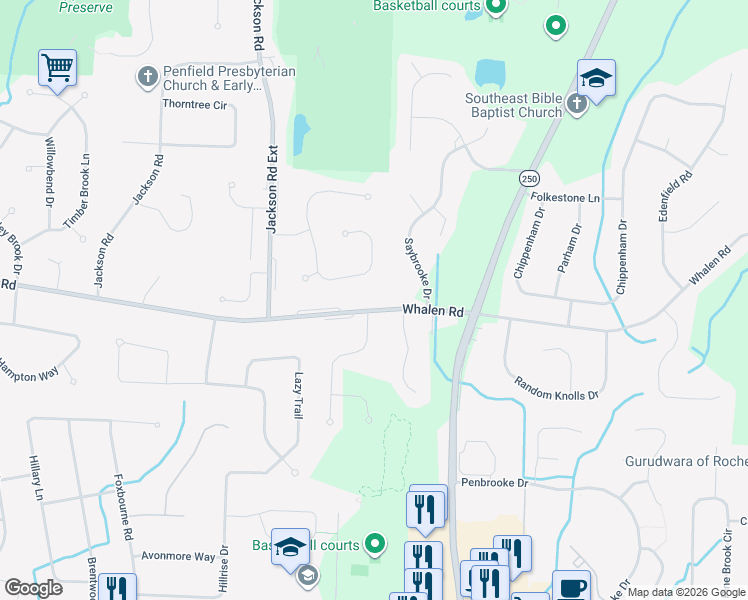map of restaurants, bars, coffee shops, grocery stores, and more near 1142 Whalen Road in Penfield