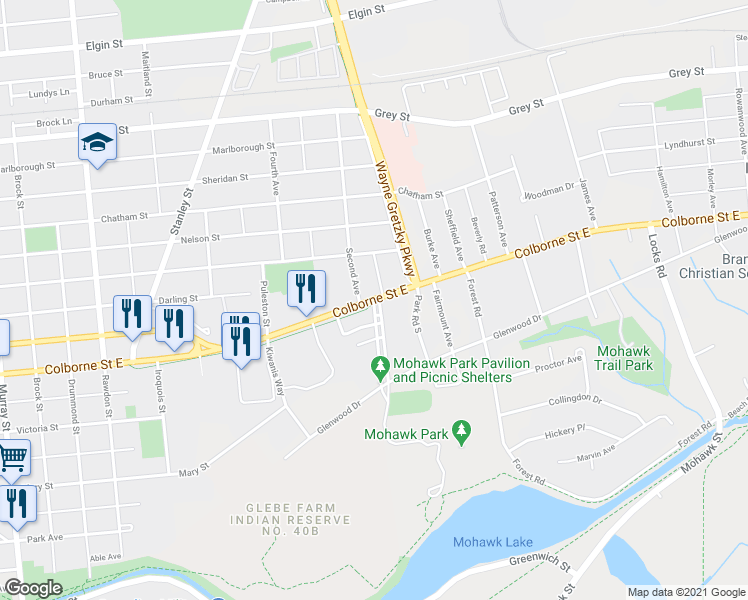 map of restaurants, bars, coffee shops, grocery stores, and more near Colborne Street in Brantford