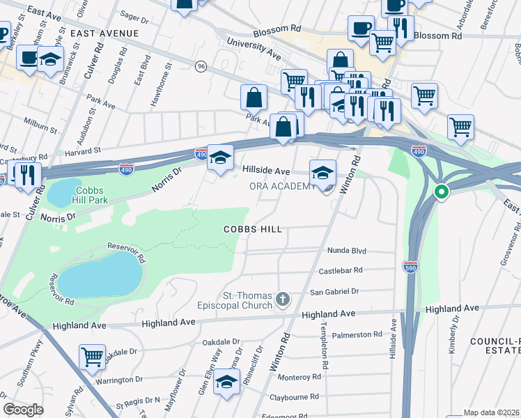 map of restaurants, bars, coffee shops, grocery stores, and more near 179 Cobbs Hill Drive in Rochester