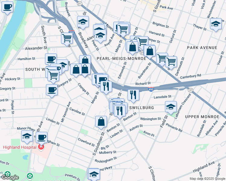 map of restaurants, bars, coffee shops, grocery stores, and more near 854 South Clinton Avenue in Rochester