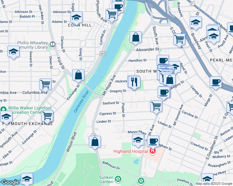 map of restaurants, bars, coffee shops, grocery stores, and more near 43 Gregory Street in Rochester