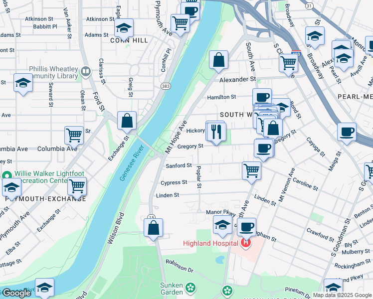 map of restaurants, bars, coffee shops, grocery stores, and more near 43 Gregory Street in Rochester