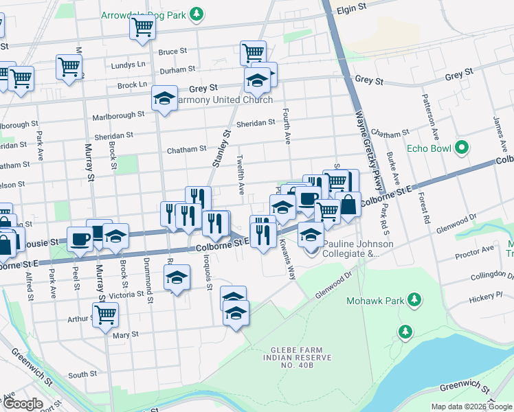 map of restaurants, bars, coffee shops, grocery stores, and more near in Brantford