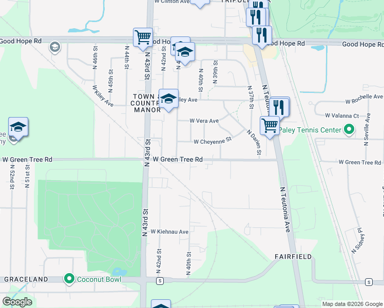 map of restaurants, bars, coffee shops, grocery stores, and more near 4018 West Green Tree Road in Milwaukee