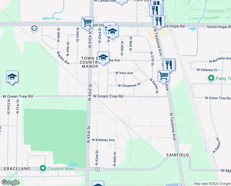map of restaurants, bars, coffee shops, grocery stores, and more near 4018 West Green Tree Road in Milwaukee