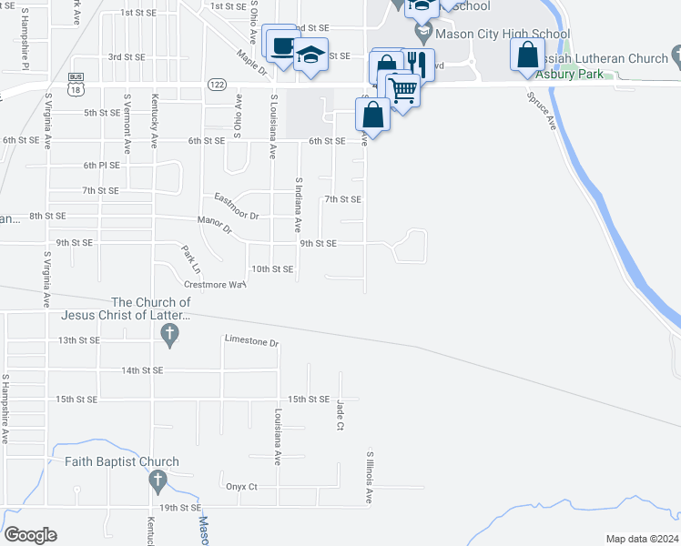 map of restaurants, bars, coffee shops, grocery stores, and more near 1000 South Illinois Avenue in Mason City