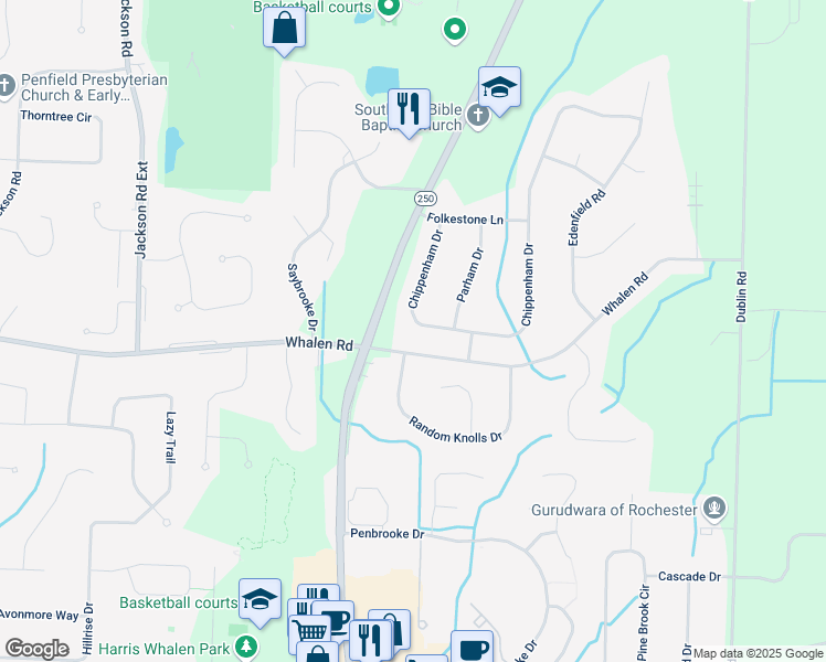 map of restaurants, bars, coffee shops, grocery stores, and more near 25 Chippenham Drive in Penfield