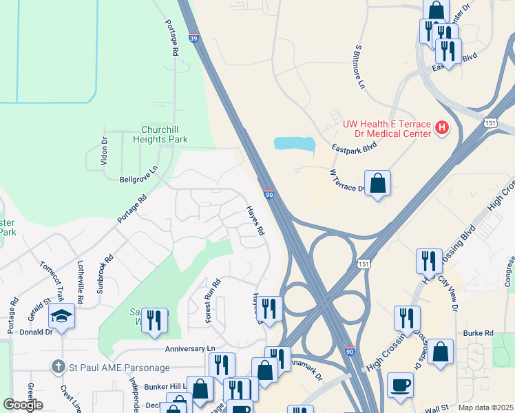 map of restaurants, bars, coffee shops, grocery stores, and more near 4725 Hayes Road in Madison
